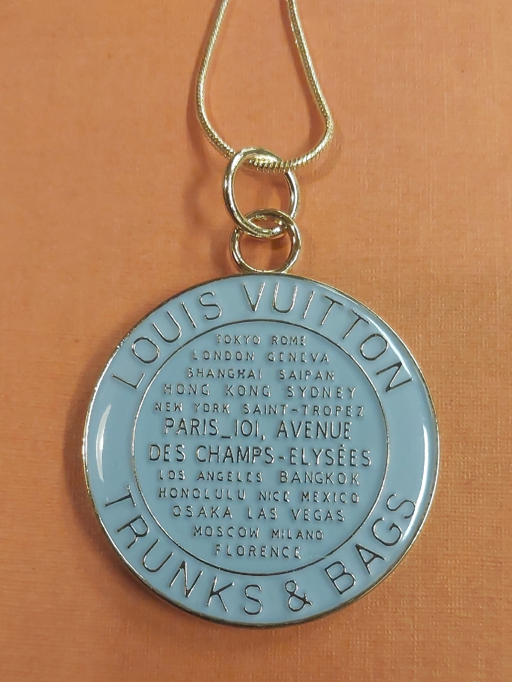LV Light Blue Enamel Trunks & Bags Charm Pendant Necklace 18KT GP